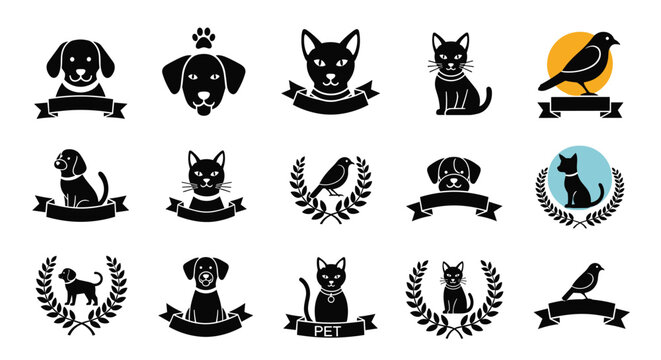set of black and white pet logo templates featuring silhouettes of dogs cats and birds with ribbons and laurel wreaths on white.