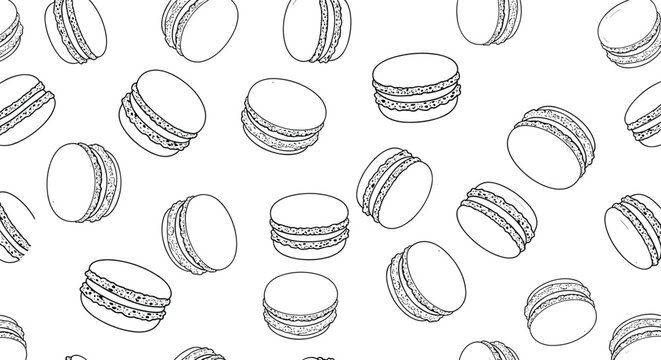 black and white line drawing pattern of various French macarons scattered across a plain background in a seamless repetitive style.