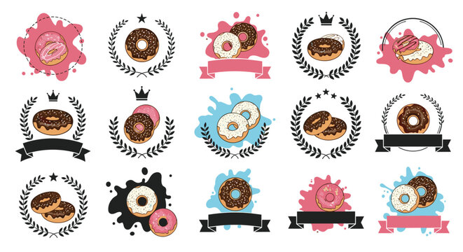 variety of donut logo designs and emblems featuring chocolate and strawberry glazed pastries with ribbons wreaths and splashes of color.