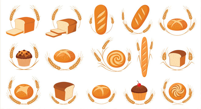 Assorted bread and grain logos feature baguettes, loaves, and muffins with wheat stalks for bakery and artisanal flour brand identities.