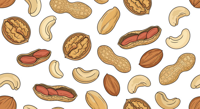 Seamless pattern of various nuts including walnuts, peanuts, and cashews is displayed in a hand-drawn style for food packaging designs.