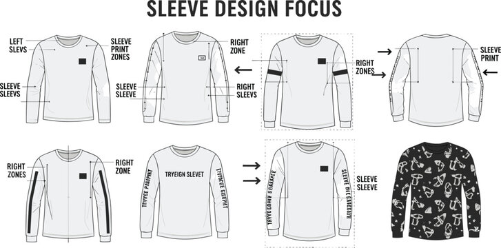 Long Sleeve T Shirt Design Guide with Sleeve Print Placement, Right and Left Zones, Template Layouts and Apparel Mockups for Fashion Design and Clothing Production
