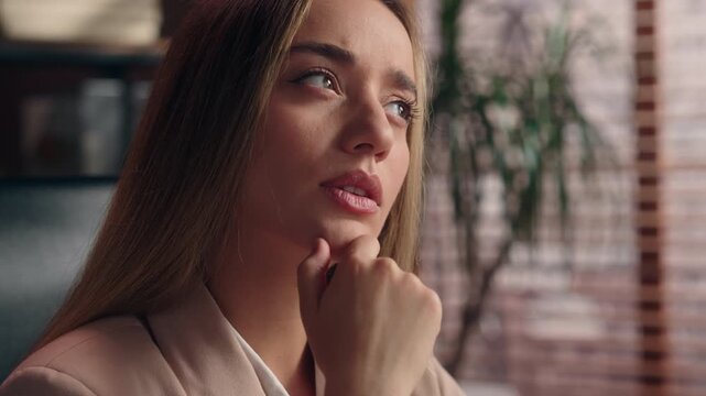 Unsure Caucasian business woman thinking come up with idea cheerful portrait thoughtful businesswoman girl specialist female office company CEO think smile finding decision smiling remember satisfied