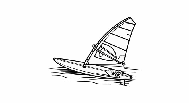 A black and white line drawing of a windsurfer on wavy water