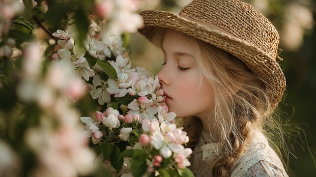 Girl with light hair and a straw hat enjoys the scent of blossoms.