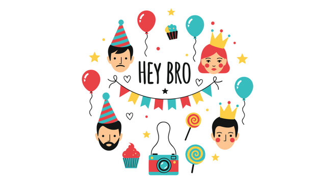 Fun birthday celebration circle featuring male and female faces with party hats, balloons, sweets, and a Hey Bro message.