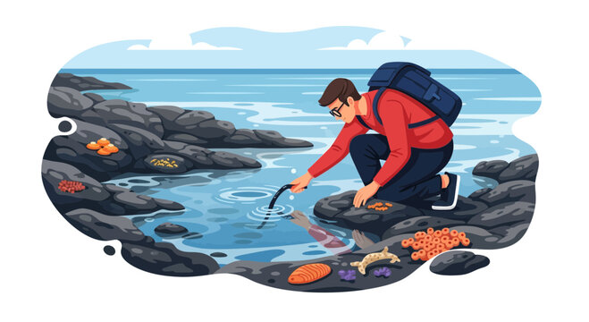 Man with backpack exploring tide pools by the ocean, examining marine life