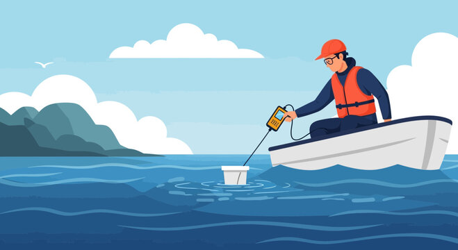 Man in boat conducting water quality research with testing equipment in a natural environment