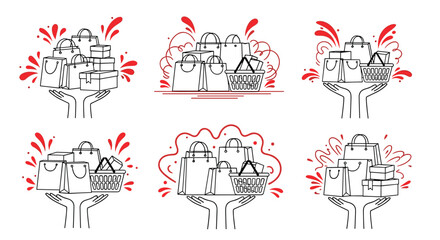 Fototapeta premium Stylized sketches of hands holding various shopping bags and gift boxes for retail sales, e-commerce, and holiday consumerism concepts.