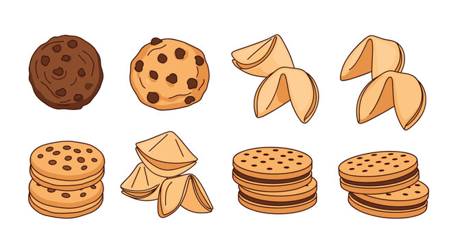 Assorted collection of cookies including chocolate chip, fortune, and sandwich types for bakery menus and sweet snack food branding.