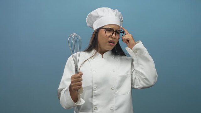 Hispanic woman chef holding metal whisk, finger to temple in white coat and toque in studio, young; confusion problem solving.