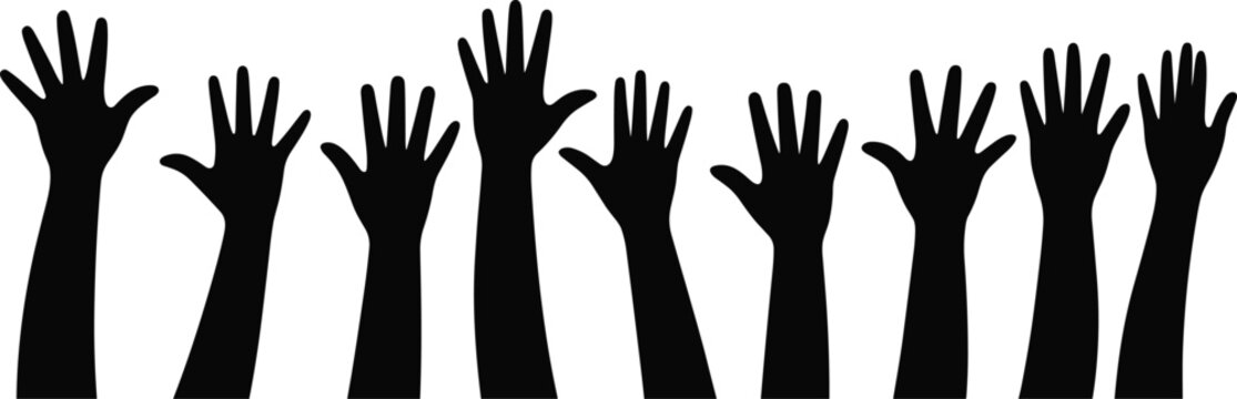 Collection of raised hand silhouettes in different shapes, human arms reaching upward isolated on white background, conceptual vector illustration for teamwork, support, voting, and social unity