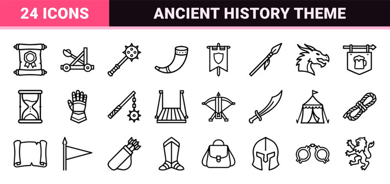 Medieval History and Fantasy Tabletop Gaming Visuals: Minimalist Monoline Geometric Line Art for Digital Design and App Interfaces