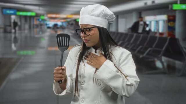 Young hispanic chef woman in white coat and toque holds black spatula while grimacing and clutching her throat in airport terminal; concern illness health.