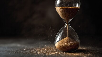 Sand falls in an hourglass, marking the time left until a deadline. It's on a dark background, leaving room for other text.