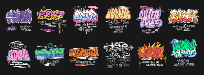 Christian T-shirt Design Bundle with Graffiti Style. Urban Graphic Set for Print. Oversized Tee Mockup, Street Art Apparel Design Collection. Inspirational Spiritual Quotes, Religion, Christianity. © Universtock
