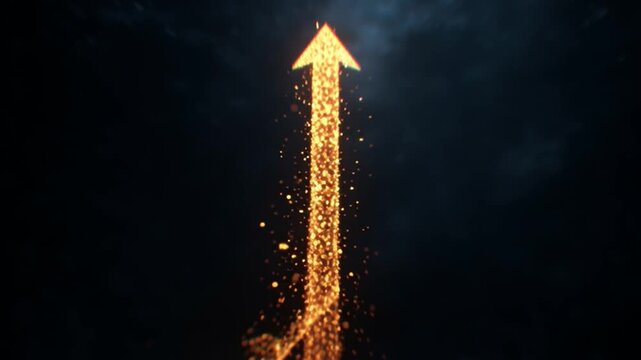 Sparkling particles form an upward arrow showing growth and progress in a dark background on a digital screen
