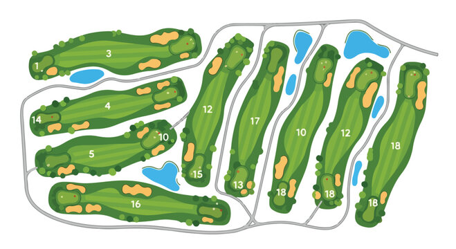 Golf course map vector illustration with numbered fairways, green grass landscape with sand bunkers and water hazards, professional golf club layout design