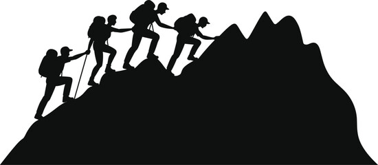 Obraz premium Silhouette of group of hikers climbing mountain peak teamwork adventure trekking concept outdoor expedition success leadership challenge nature vector illustration isolated