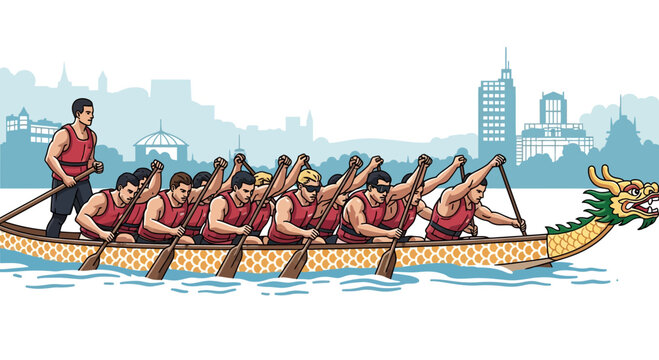 A diverse team of athletes rowing a dragon boat with synchronized strokes in blue water, surrounded by an urban cityscape background