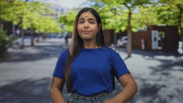 Young hispanic woman forms timeout gesture with hands and forearms visible while standing in a tree lined urban street plaza wearing blue shirt and jeans; assertive pause.