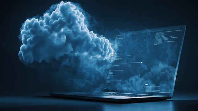 Cloud computing concept with digital laptop showing cloud technology rising from the screen at night