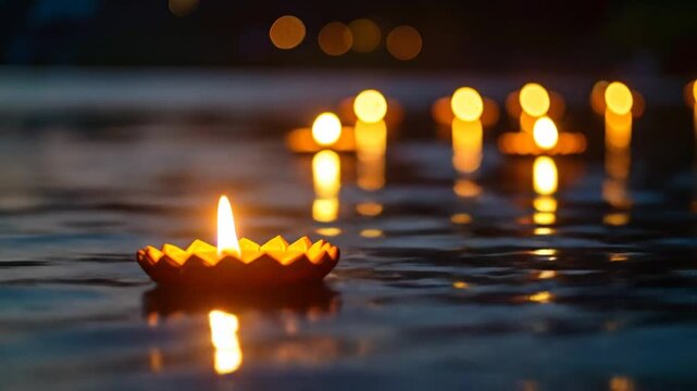 Diwali festival candles floating on water.