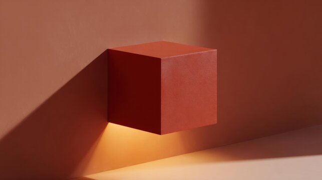 3d rendering of a cube-shaped object on a wall. the cube is made of a red material and is placed in the center of the image.