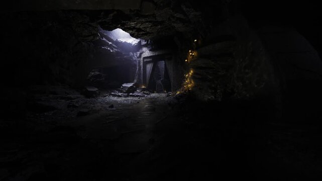 grotto entrance with golden glow along wall, puddled floor and distant daylight, mysterious ambiance and intimate cave textures for narrative scenes.