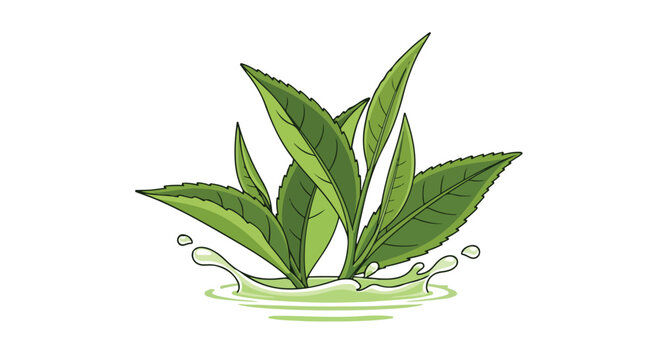 Fresh green tea leaves with liquid splash vector illustration. Organic tea plant foliage in water ripple. Botanical matcha tea herb for beverage packaging.