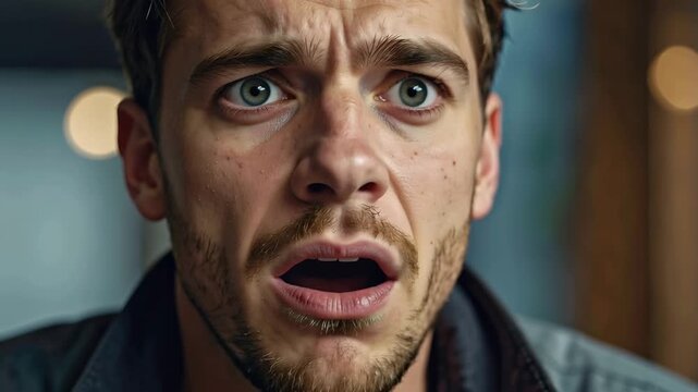 Shock and Disbelief: A close-up portrait of a man, eyes wide with shock and a face etched with disbelief, revealing an intense moment of emotional expression.