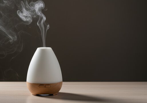 A soothing plume of white aromatic mist rising from a ceramic electric diffuser, illuminated by soft ambient light on a pale wooden surface ,breathing ,ambient ,humidifier