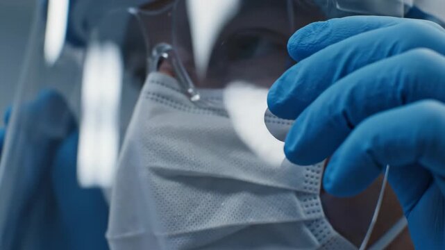 Healthcare worker preparing covid test sample wearing protective gear close up medical laboratory environment examination and diagnosis