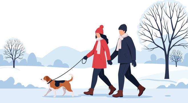 A couple walks their dog in a snowy winter landscape, holding hands for warmth and companionship