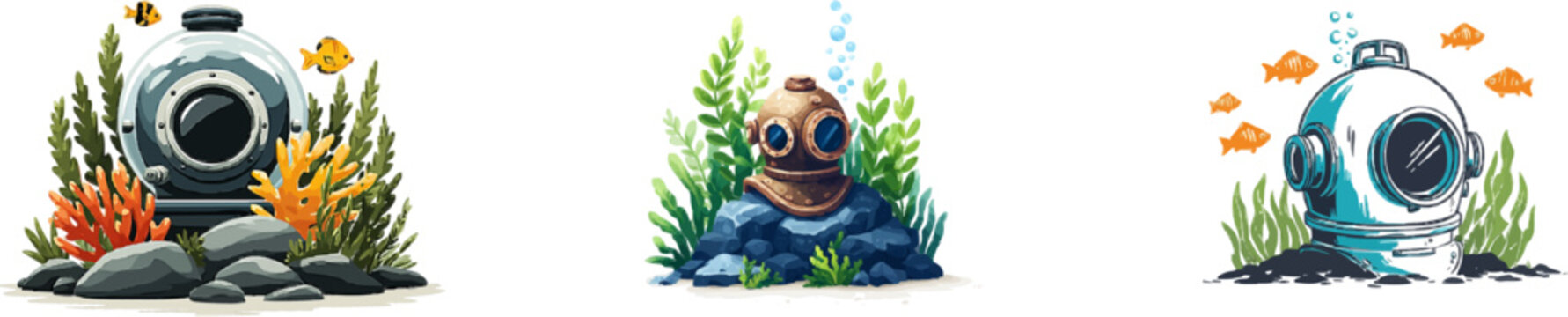 A vintage diving helmet is submerged in a vibrant coral reef teeming with tropical fish and seaweed, all rendered in bold black outlines and a vivid palette of greens, oranges, and blues