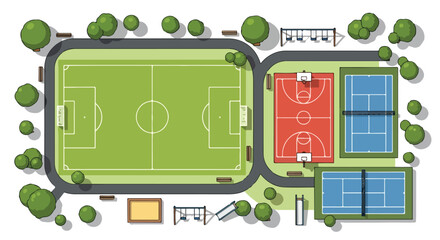 Isometric sports complex vector map, green soccer field and red basketball court with blue tennis courts, urban park plan for infographic design © rani