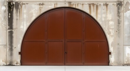 Large brown metal arched double doors on weathered concrete wall