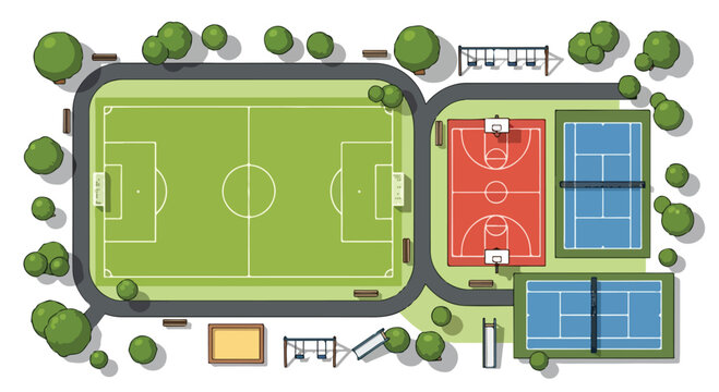 Isometric sports complex vector map, green soccer field and red basketball court with blue tennis courts, urban park plan for infographic design