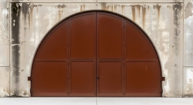 Large brown metal arched double doors on weathered concrete wall