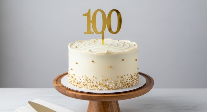 Elegant one hundredth anniversary cake with decorative golden topper