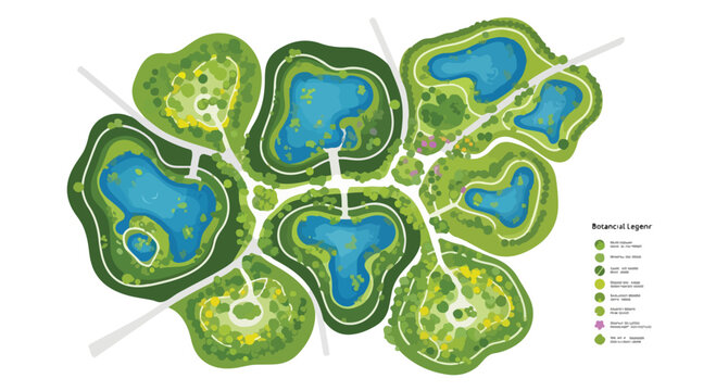 Modern topographic park map vector, green landscape masterplan illustration with lakes and paths, eco city planning diagram for presentation