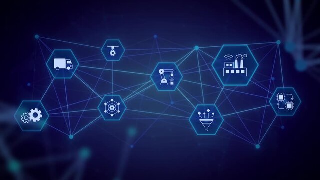 Industry 4 animated banner with line icons. Fourth industrial revolution. Transformation. Outline symbols on dynamic background. Dark to light transition. HD video for website header, presentation