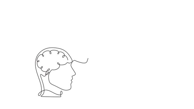 Animated self drawing of continuous line draw of representing the concept of an idea. Human head silhouette with lightbulb icon. symbolizing a creative thought pr  Full length one line animation. 4K	
