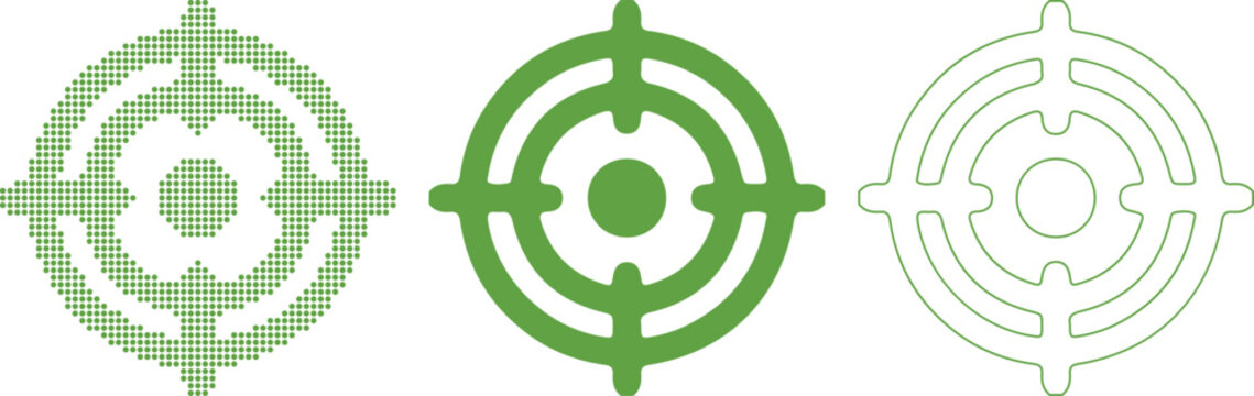 Three Stylized Target Designs in Green and White reticle crosshairs
