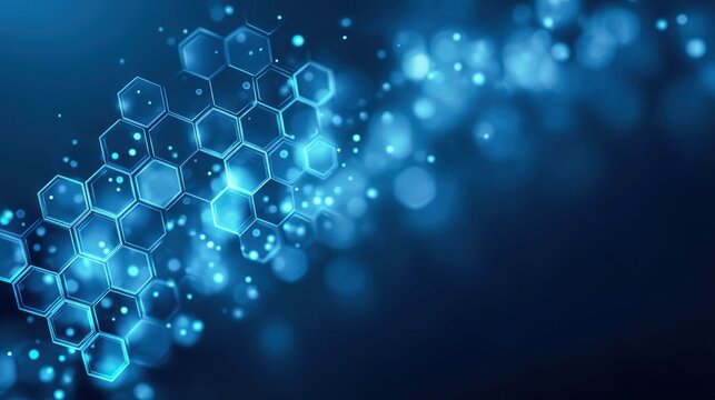Abstract glowing blue hexagonal molecular structure with bokeh lights in dark background