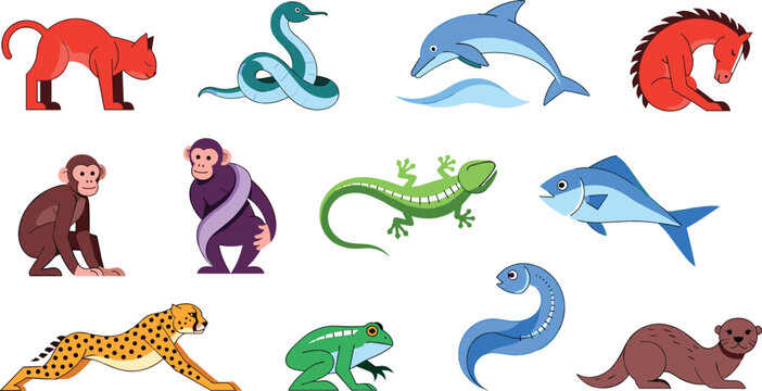 Wild Animal and Reptile Illustration Icon Set with Leopard Monkey Dolphin Snake Lizard Frog Fish and Otter Characters for Nature Wildlife Design