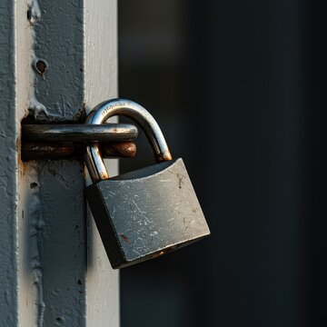 A weathered metal padlock secured firmly to a structure, representing commitment, finality, security, and permanence in a fixed position ,symbolism ,aged ,old