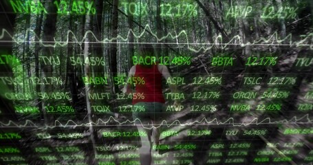 Naklejka premium Walking woman in red tank top and shorts navigating woodland trail, with green tickers over trees