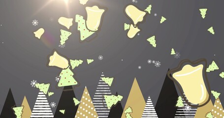 Featuring triangular patterned trees forming forest at night, with pale yellow bells, mint confetti © vectorfusionart