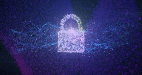 Naklejka premium Glowing digital padlock floating in deep purple cyberspace, showing cyan waveforms and mesh nodes